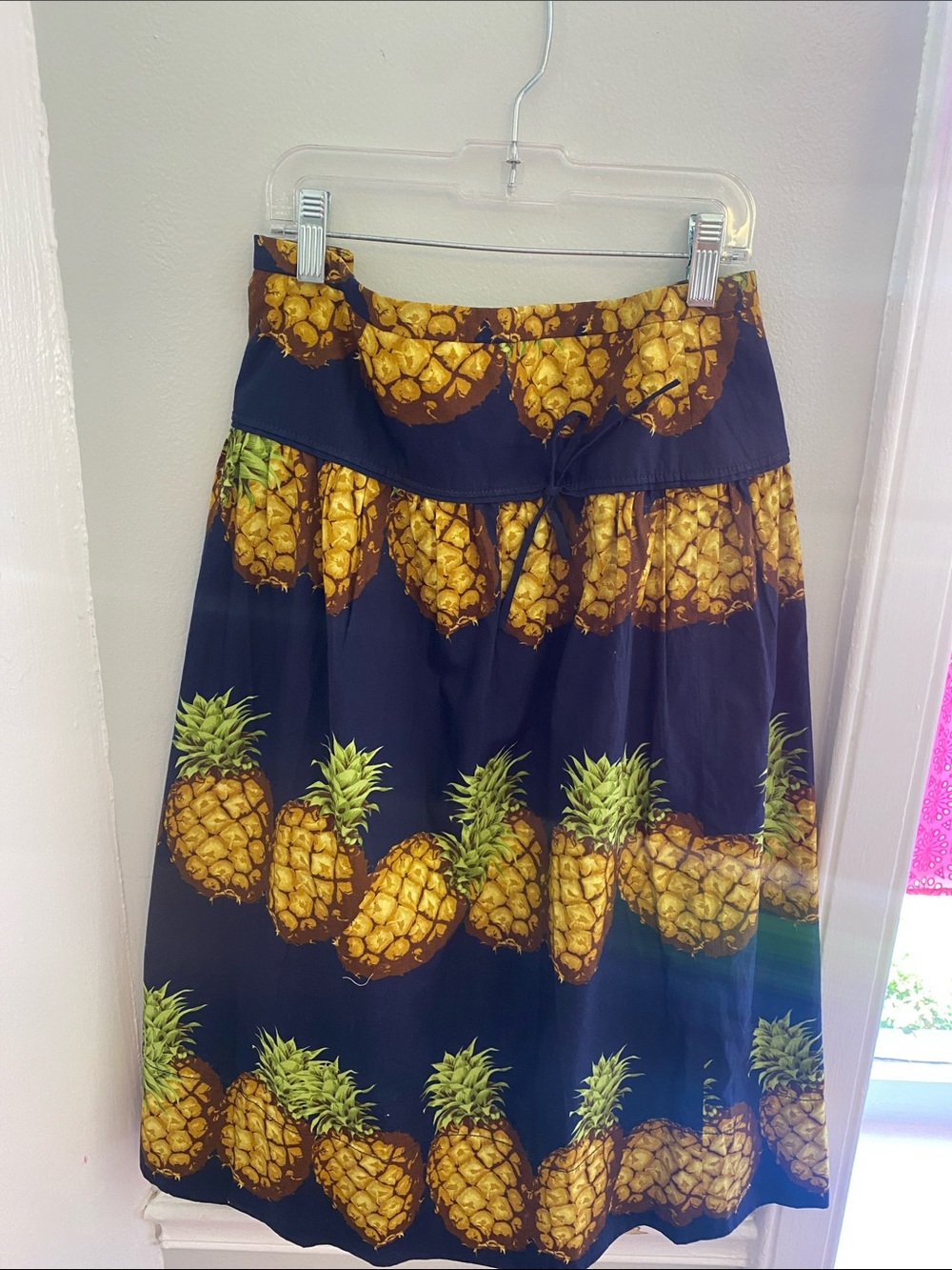 Navy Pineapple Print Midi Skirt